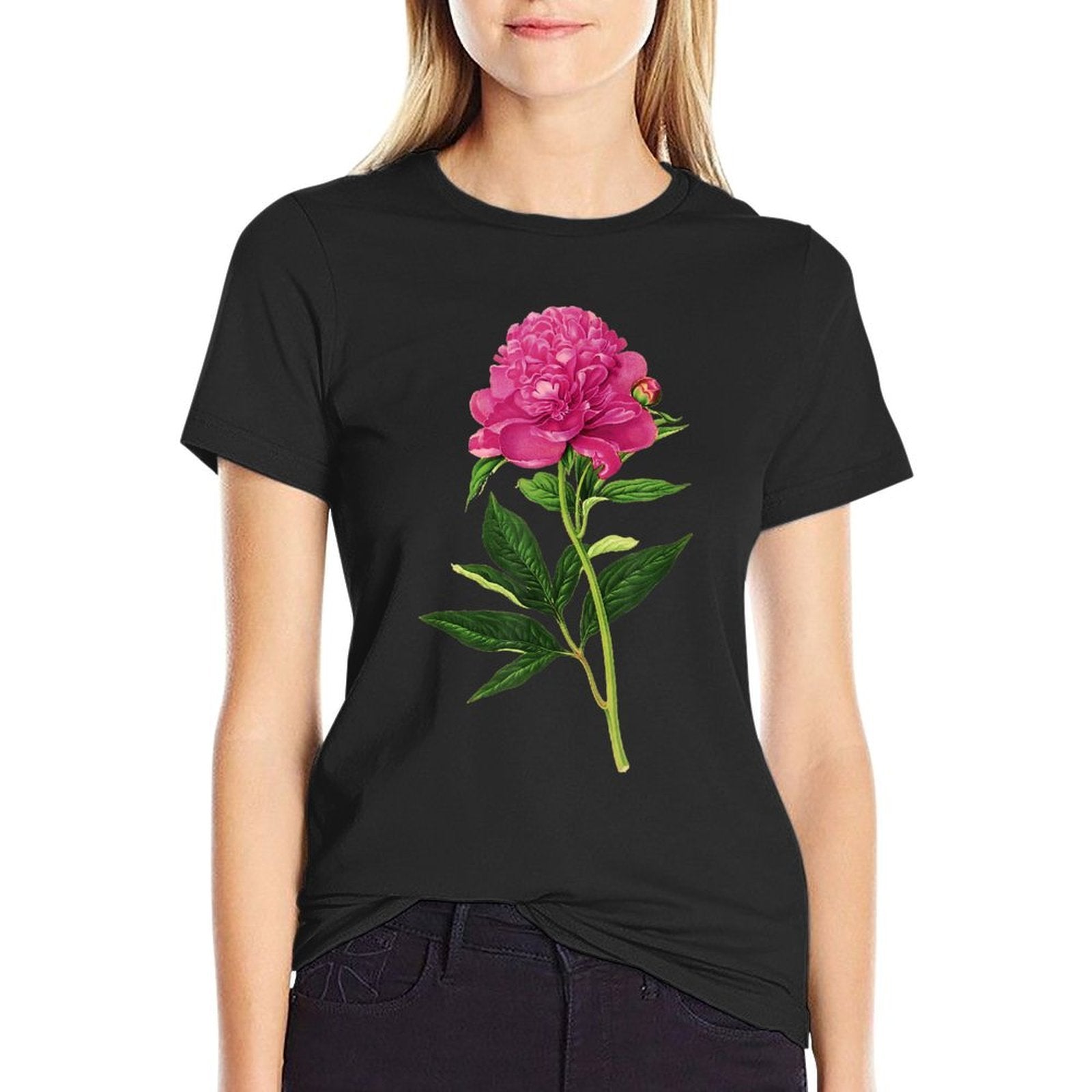Vintage Botanical Print, Fuchsia Pink Peony  Polyester Blend T-Shirt