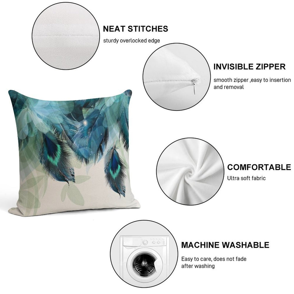 Peacock Feathers Turquoise Soft Shrink-Resistant Throw Pillow