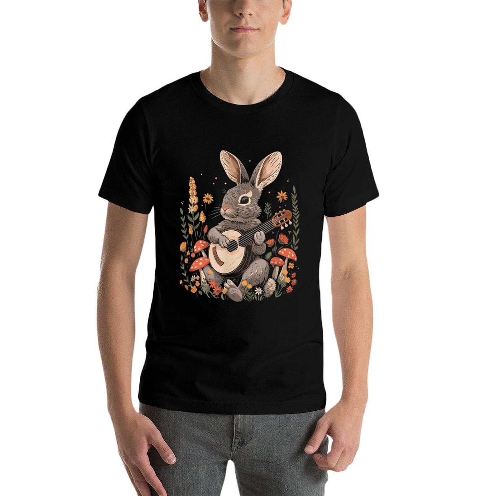 Cottagecore Aesthetic Cute Rabbit Playing Banjo  Fade-proof Color T-Shirt