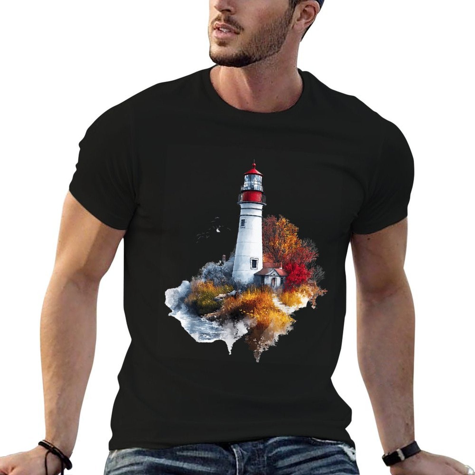 Scenic Lighthouse in Autumn Landscape  Vintage-inspired T-Shirt