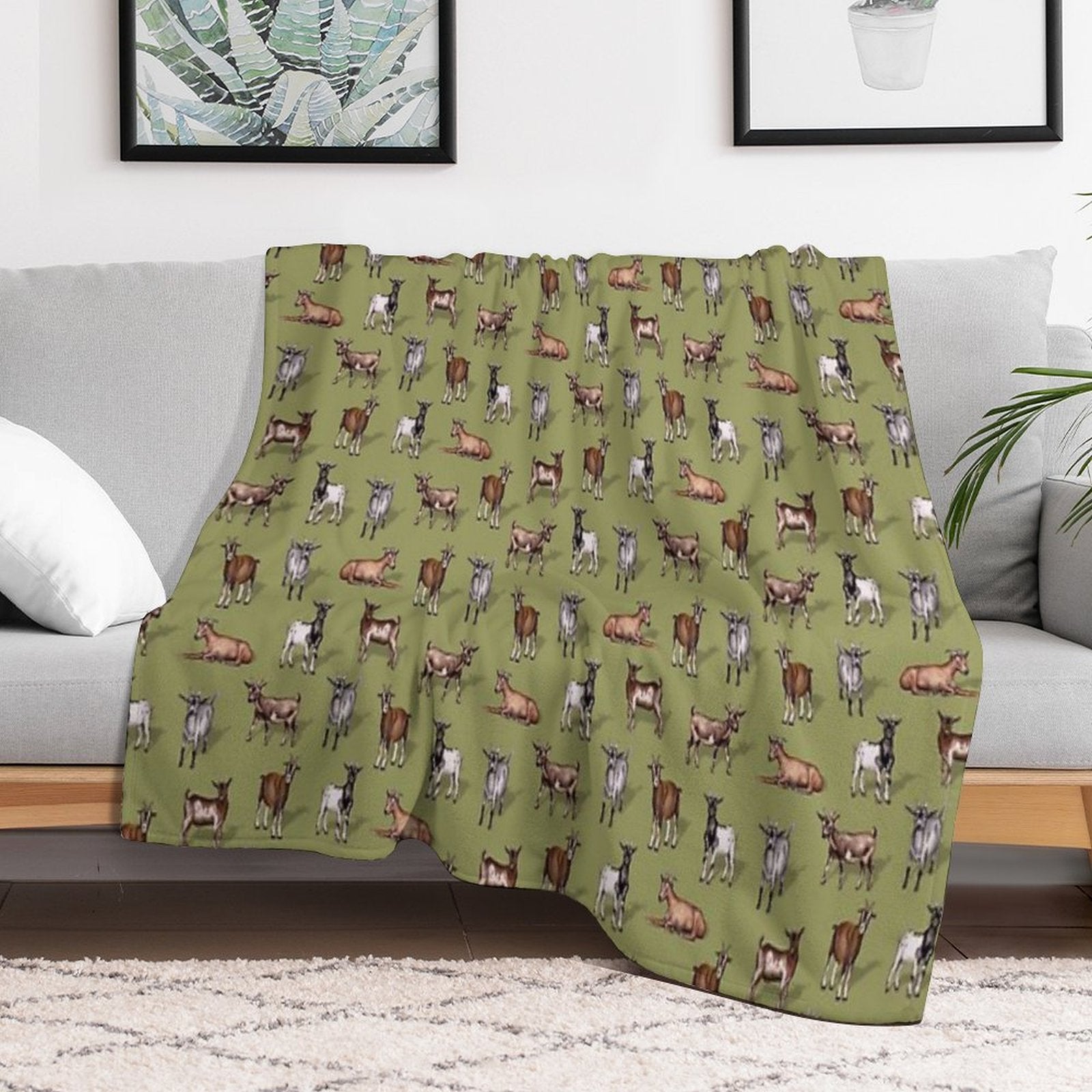 Tiny Goats on Green - Goat Herd Pattern Quick-dry Throw Blanket