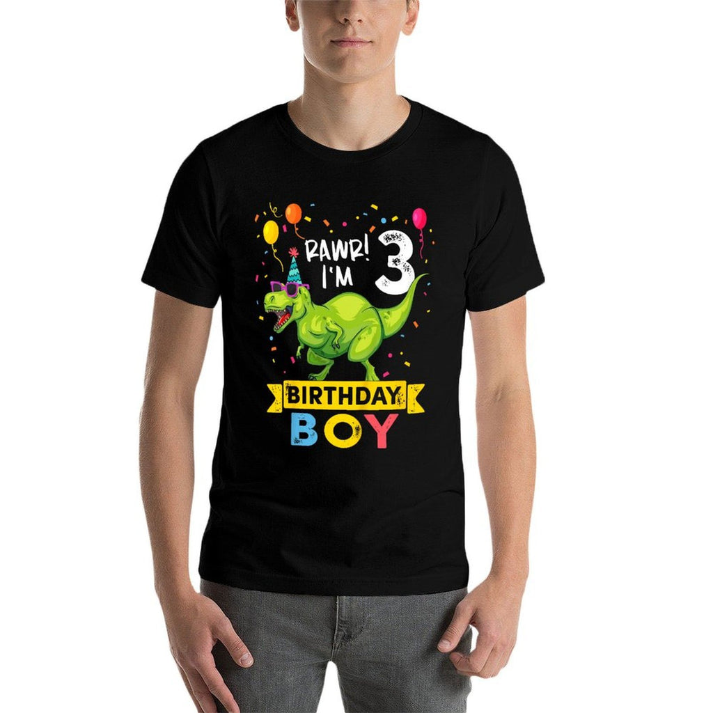 3 Year Old 3rd Birthday Boy T Rex Dinosaur  Ribbed Collar T-Shirt
