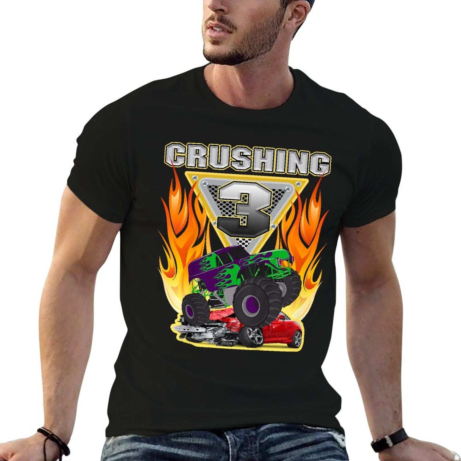 Monster Truck Crushing Being 3 Three Years Old 3rd Birthday  Versatile T-Shirt
