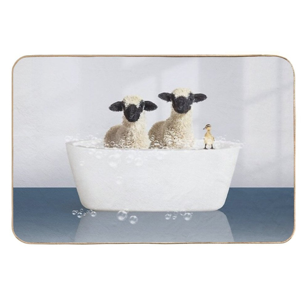 Two Lambs And Duckling in Modern Bathtub Blue Print, Lamb Bathing, Animals in Bathtub Art by Synplus  Fade-Resistant Bath Mat