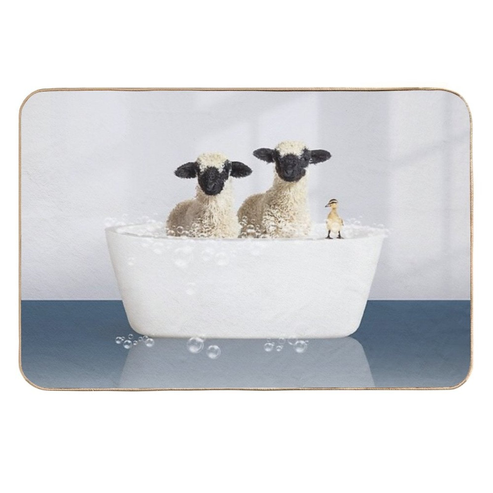 Two Lambs And Duckling in Modern Bathtub Blue Print, Lamb Bathing, Animals in Bathtub Art by Synplus  Fade-Resistant Bath Mat