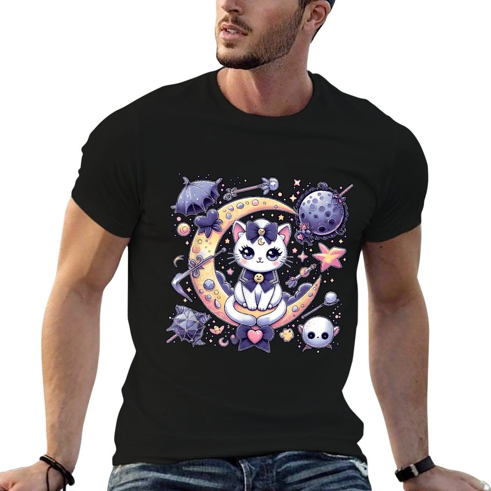 Sailor Meow Cute Moon Cat Space Magic Gothic Halloween  Oversized Silhouette T-Shirt