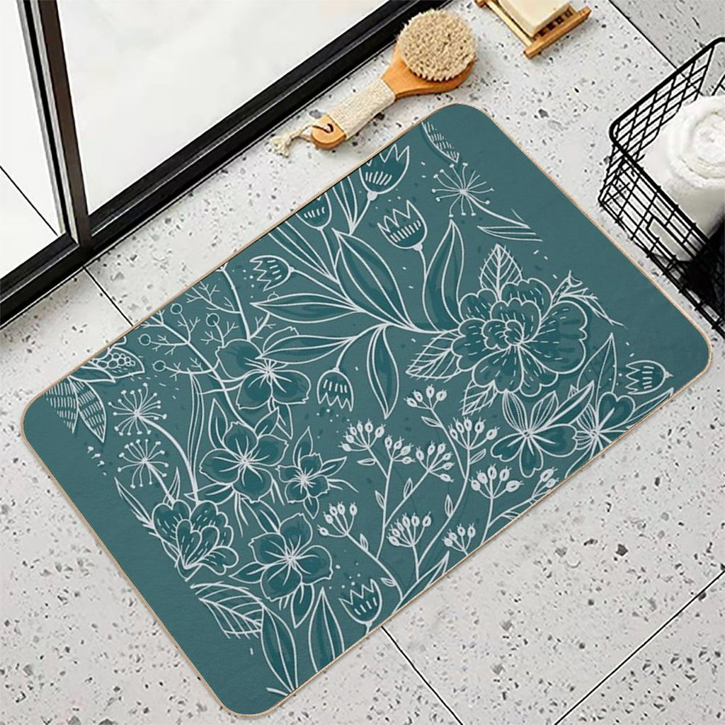 Vintage Rich Duck Egg Blue And White Floral Print  Easy Maintenance Bath Mat