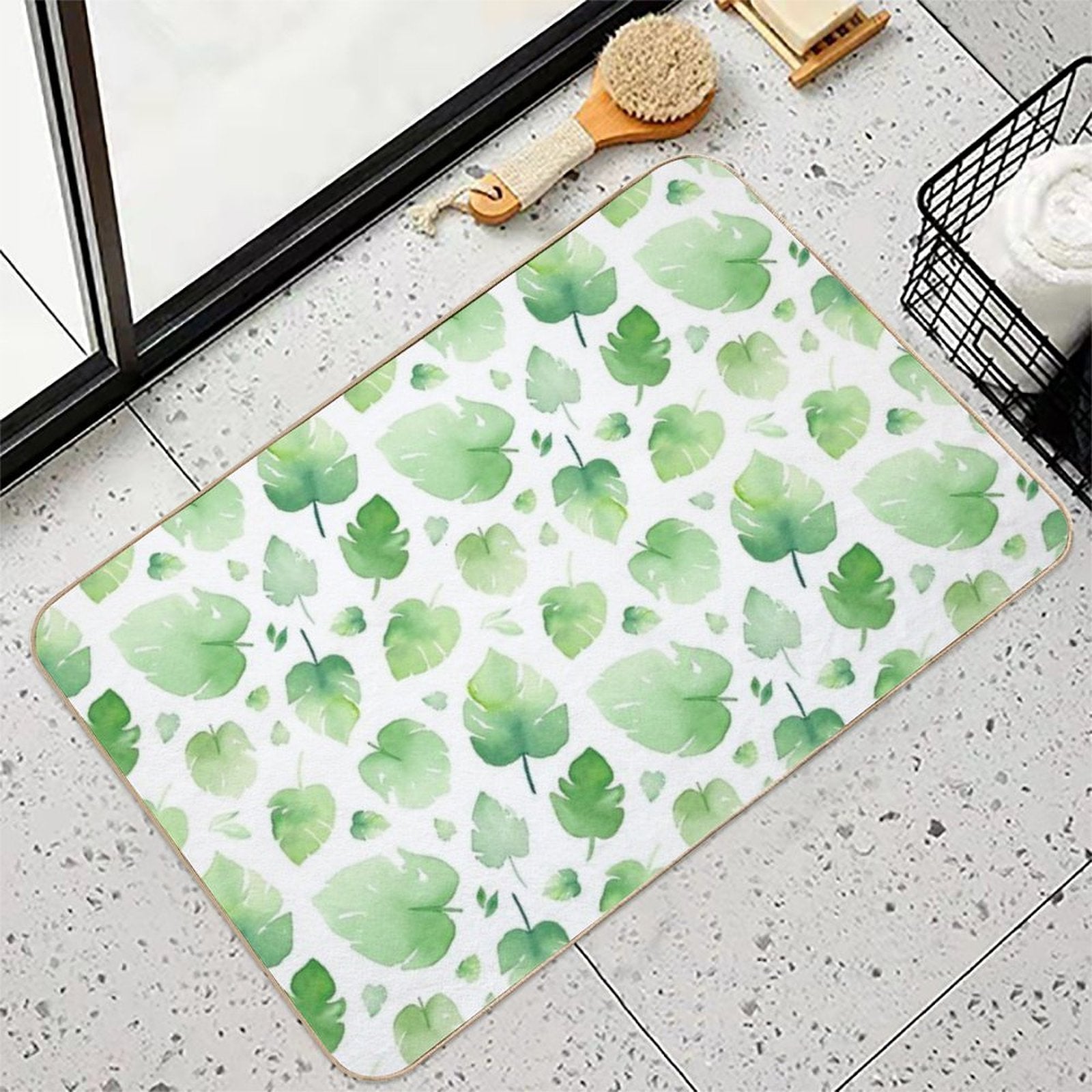 Watercolor Monstera Leaves Pattern  Long-Lasting Bath Mat