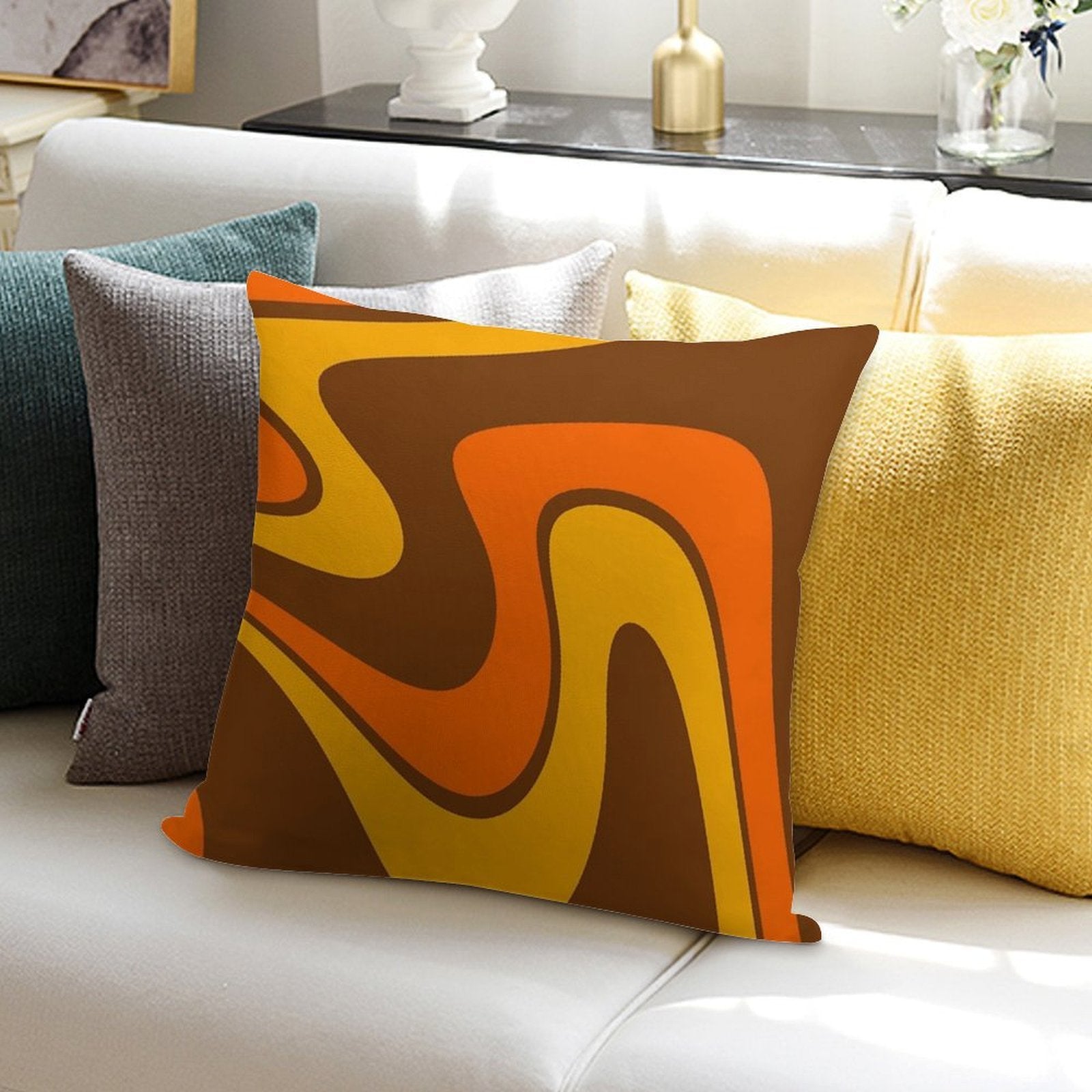 70s Retro Vintage Style Design Orange Yellow And Brown Soft Decorative Cover Throw Pillow