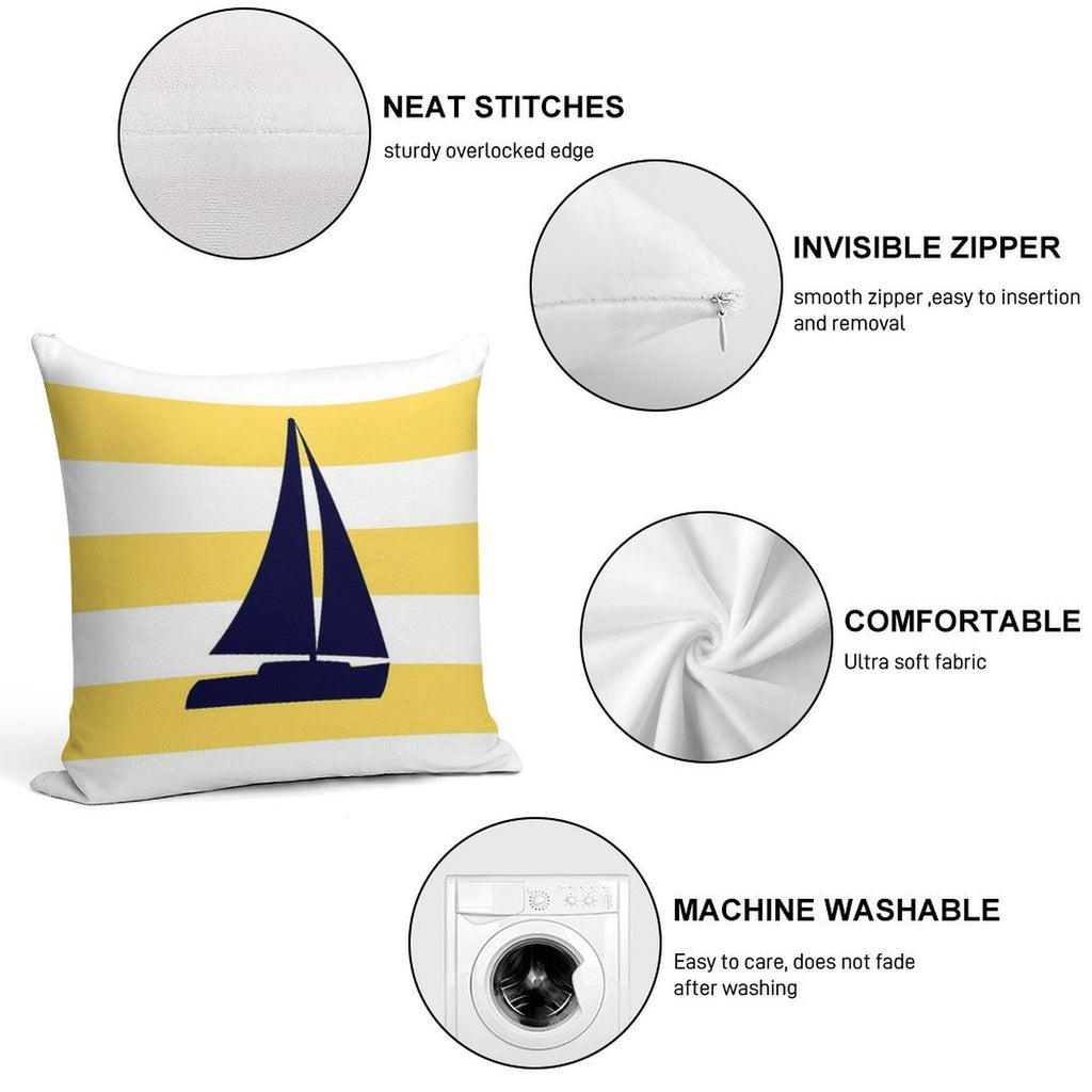 Nautical Navy Blue Sailboat On Mustard Yellow Stripes Soft Bedroom Essential Throw Pillow