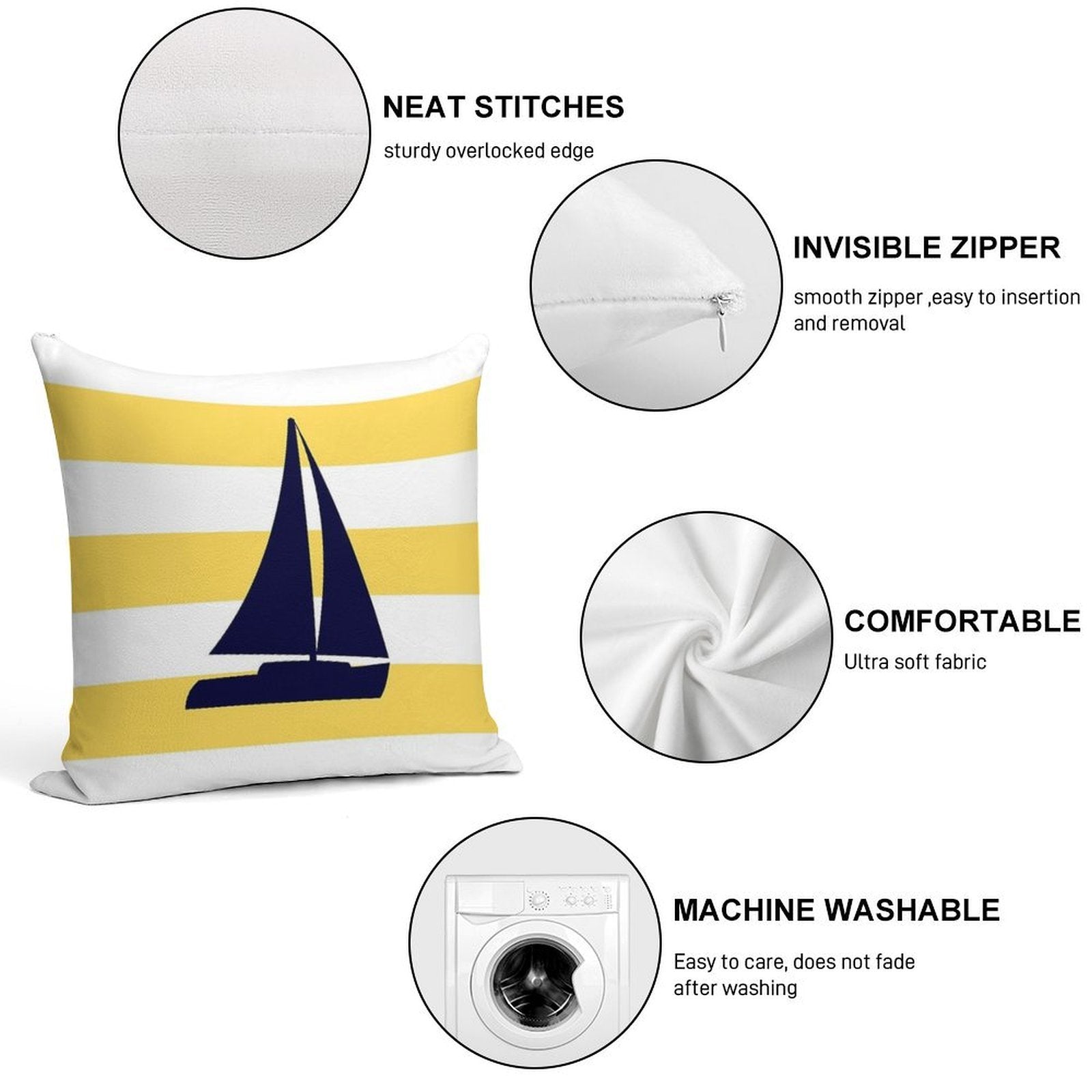 Nautical Navy Blue Sailboat On Mustard Yellow Stripes Soft Bedroom Essential Throw Pillow