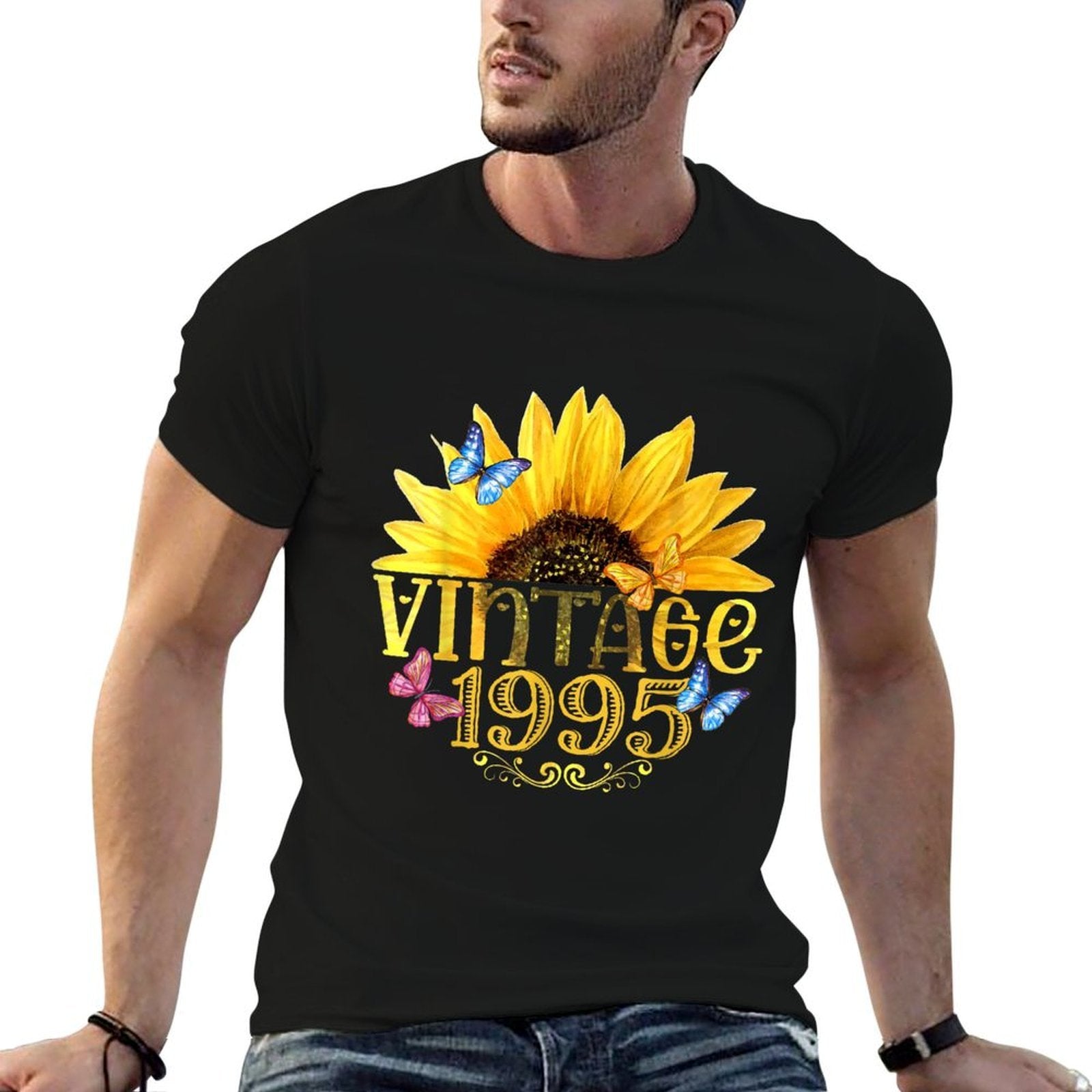 Vintage 1995 Sunflower Floral Butterfly Funny 30th Birthday  Polyester Blend T-Shirt