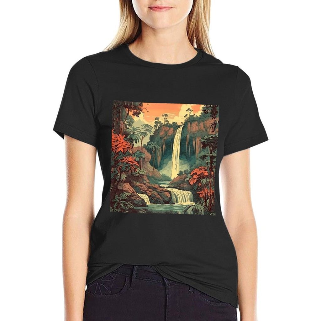 Jungle Waterfall Vintage Landscape Graphic  Wrinkle-resistant T-Shirt