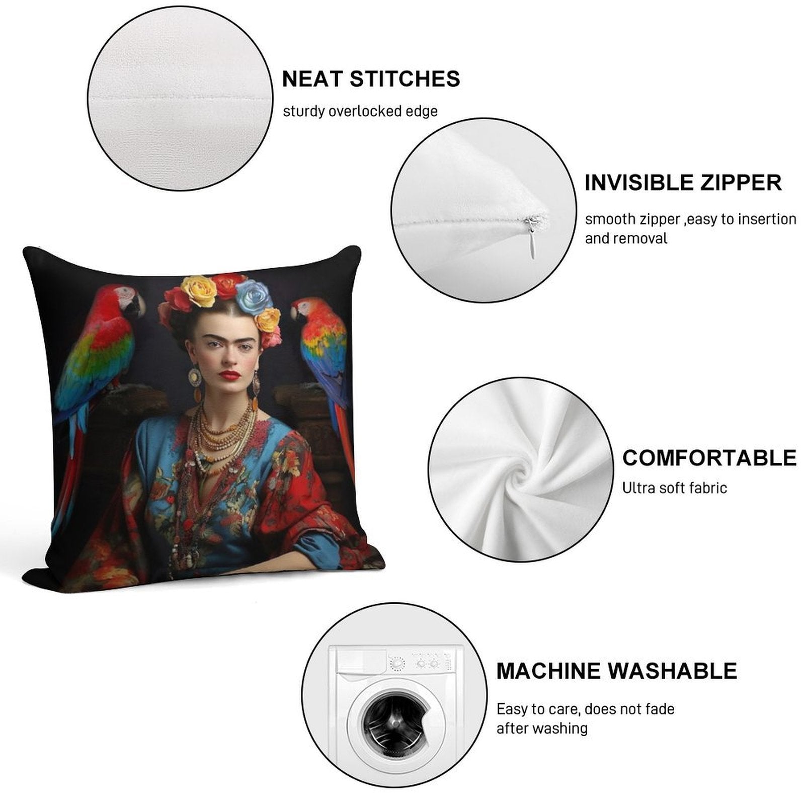 Frida Kahlo 9 Soft Hidden Zipper Throw Pillow