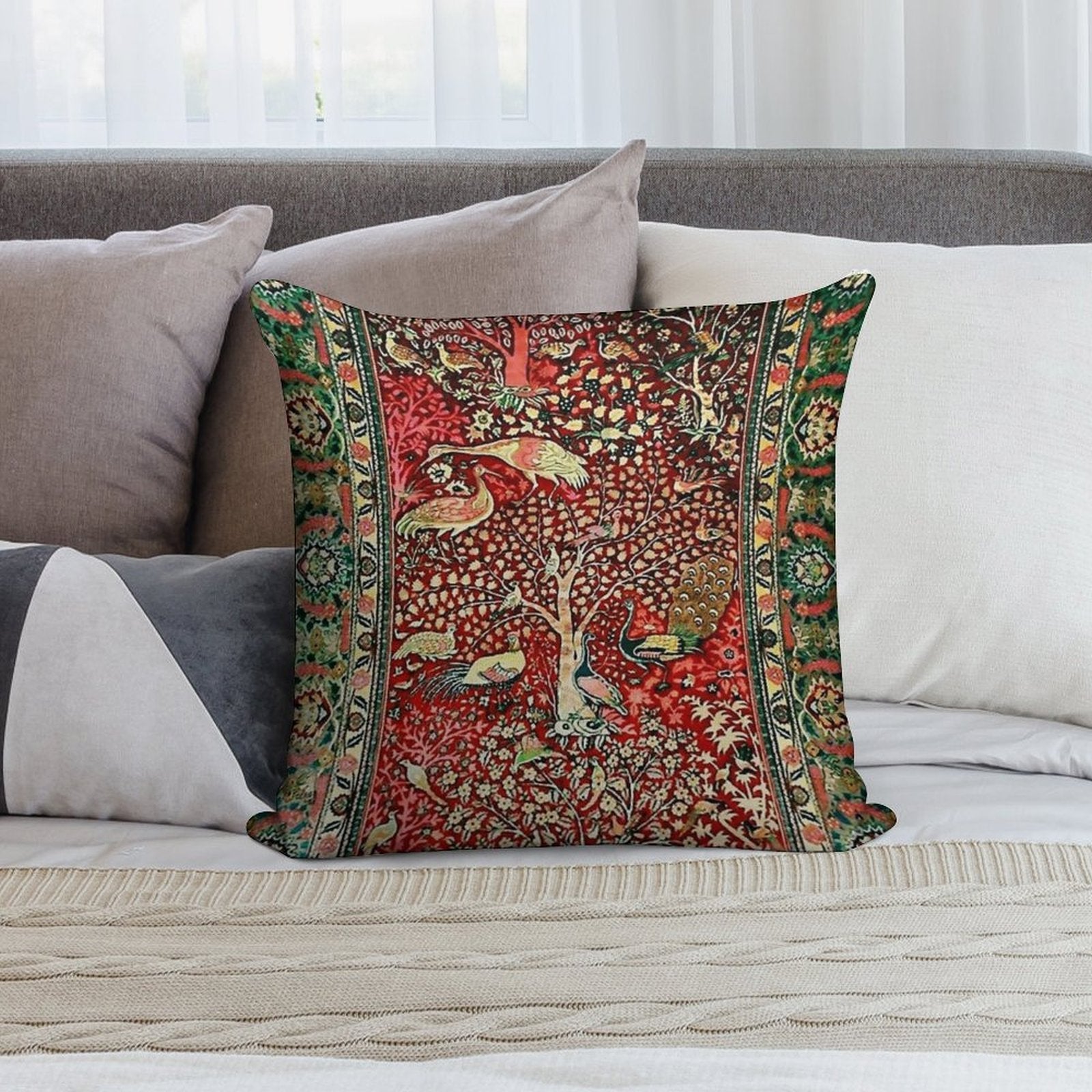 Antique Persian Rug Bird Tree Flowers Ca. 1600 Print Soft Hidden Zipper Throw Pillow