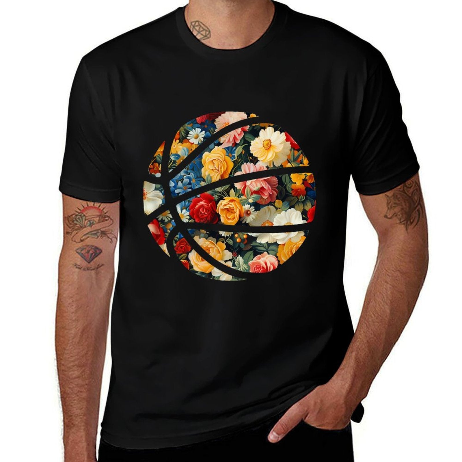 Basketball Silhouette Flowers Botanical Floral  Oversized Silhouette T-Shirt