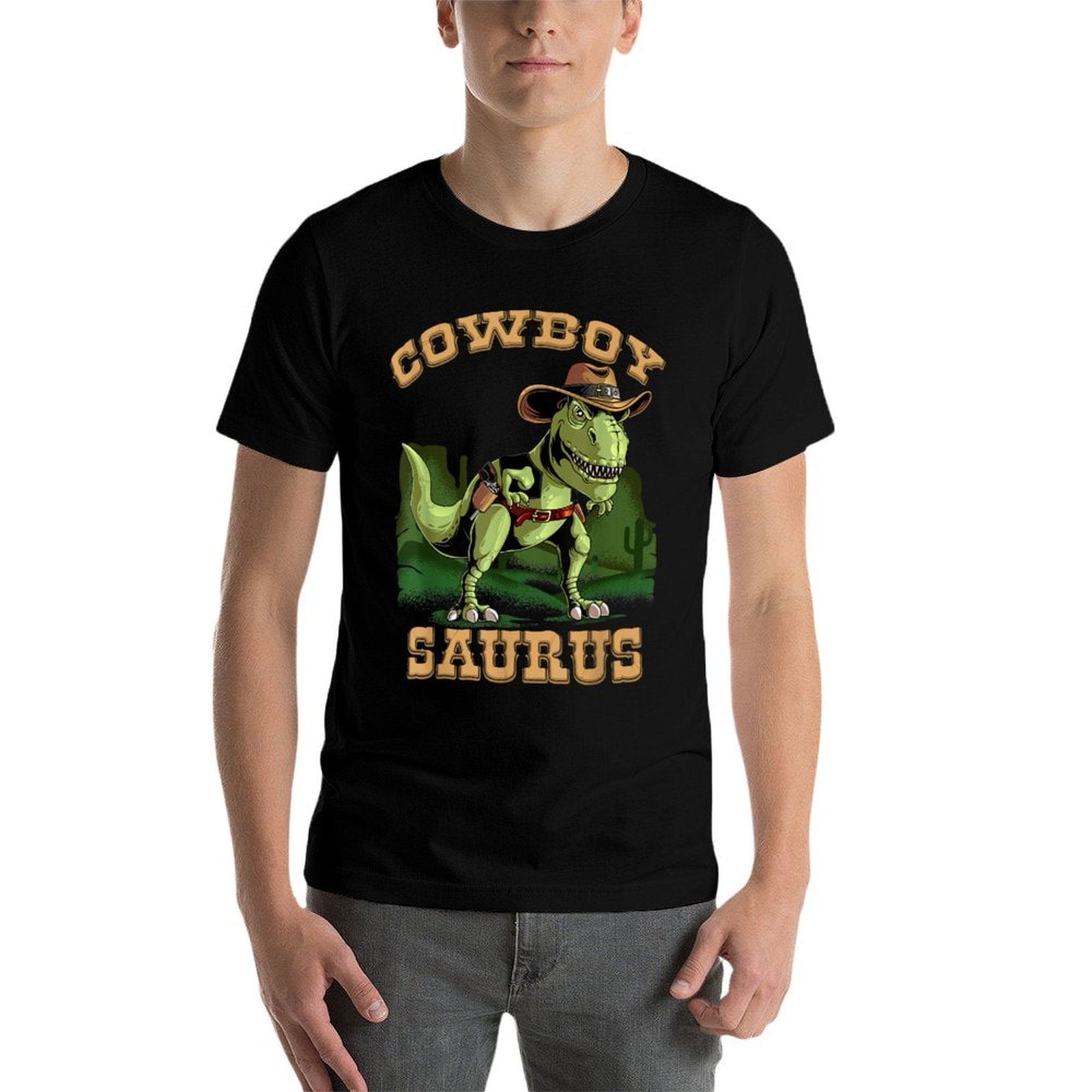 Cool Cowboy Saurus  Funny Western Rodeo Dinosaur Lover Gift  Ribbed Collar T-Shirt