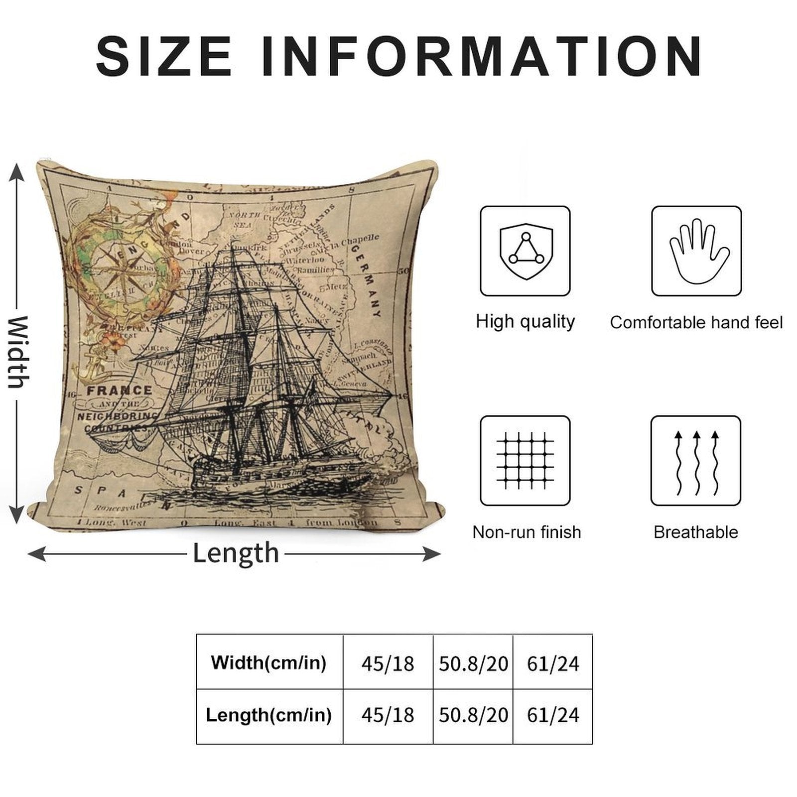 Dark Academia Vintage Pirate Ship Sailor Antique World Map Soft Reinforced Edging Throw Pillow