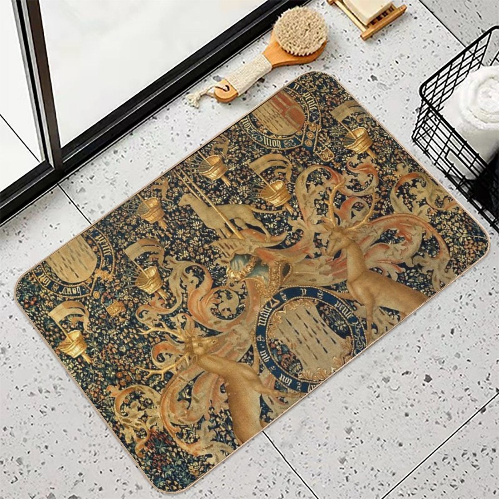 Gold Navy Blue Antique Heraldic Tapestry with Harts,Armorial Bearings Badges of John  Fade-Resistant Bath Mat