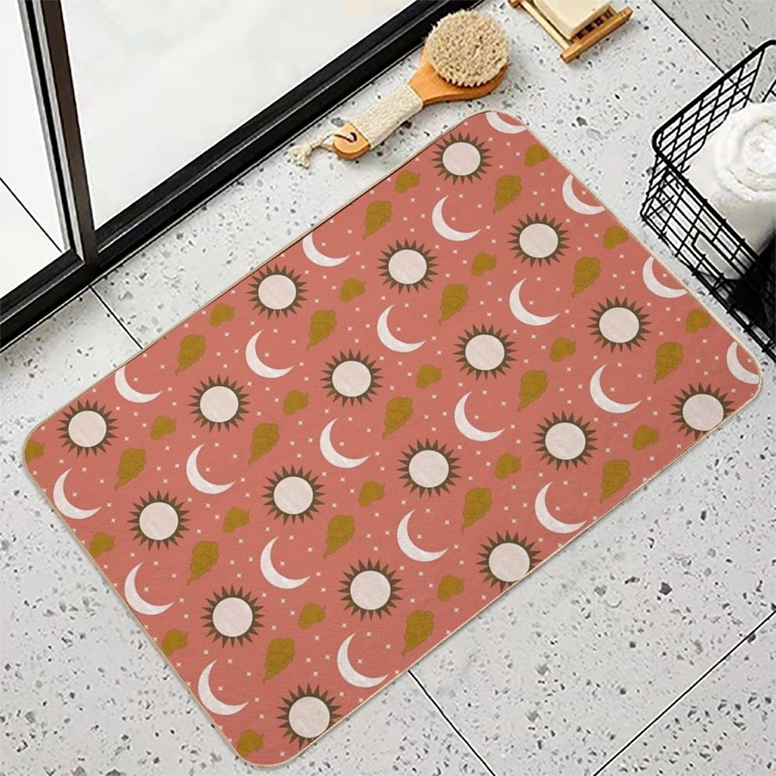 Blush Orange Gold Brown And White Sun And Moon Print  Fade-Resistant Bath Mat