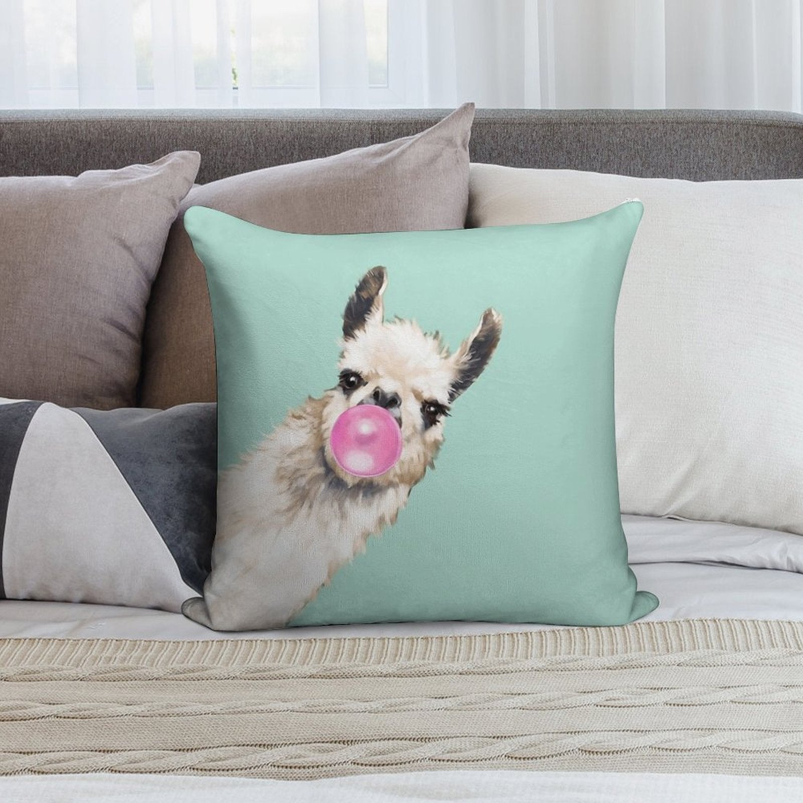 Bubble Gum Sneaky Llama in Green Soft Home Decor Throw Pillow