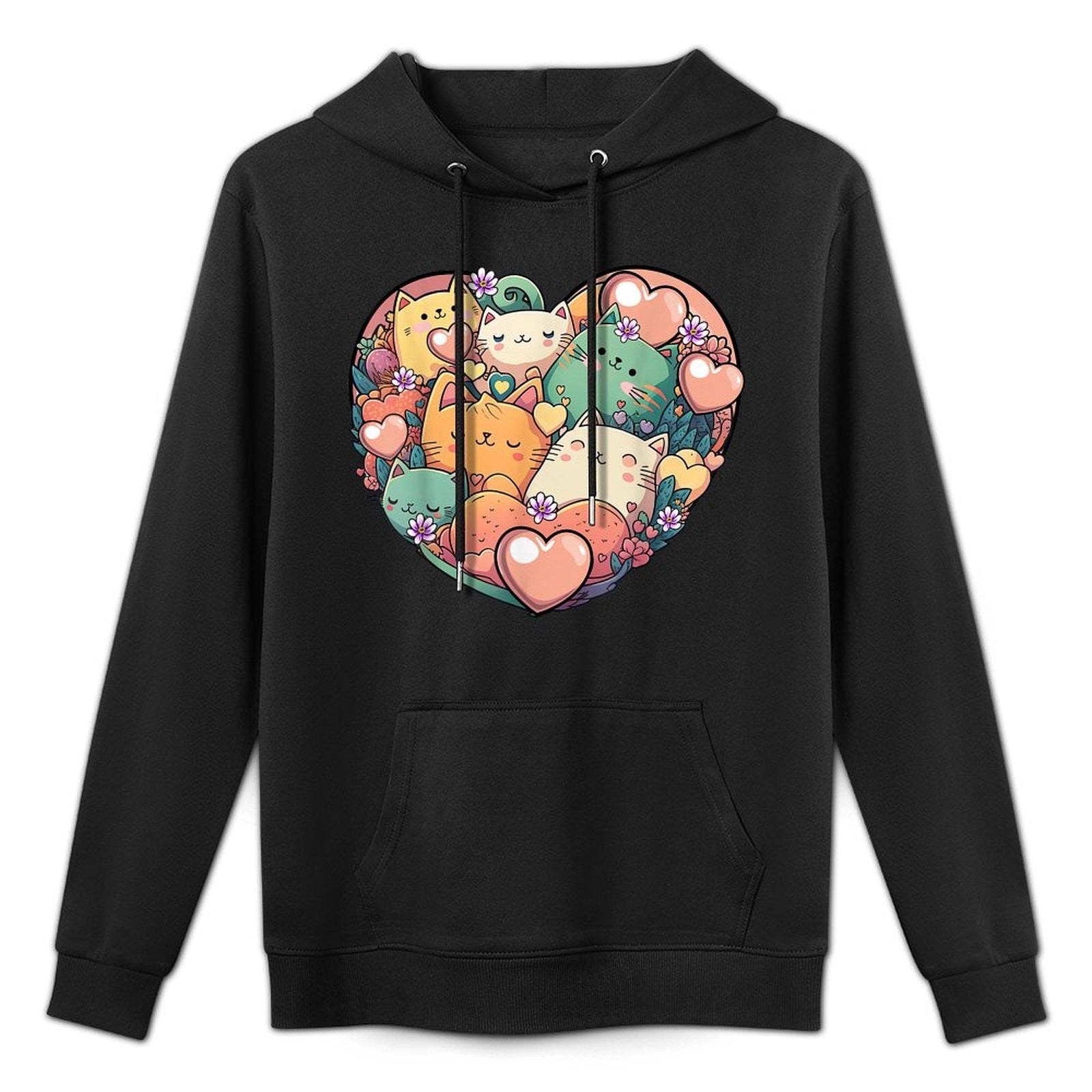 Kawaii Anime Cat Valentines Day Heart Shaped Graphic Girls Casual Wear Hoodie