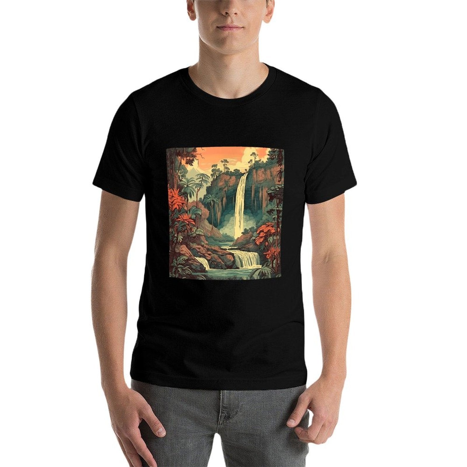 Jungle Waterfall Vintage Landscape Graphic  Wrinkle-resistant T-Shirt