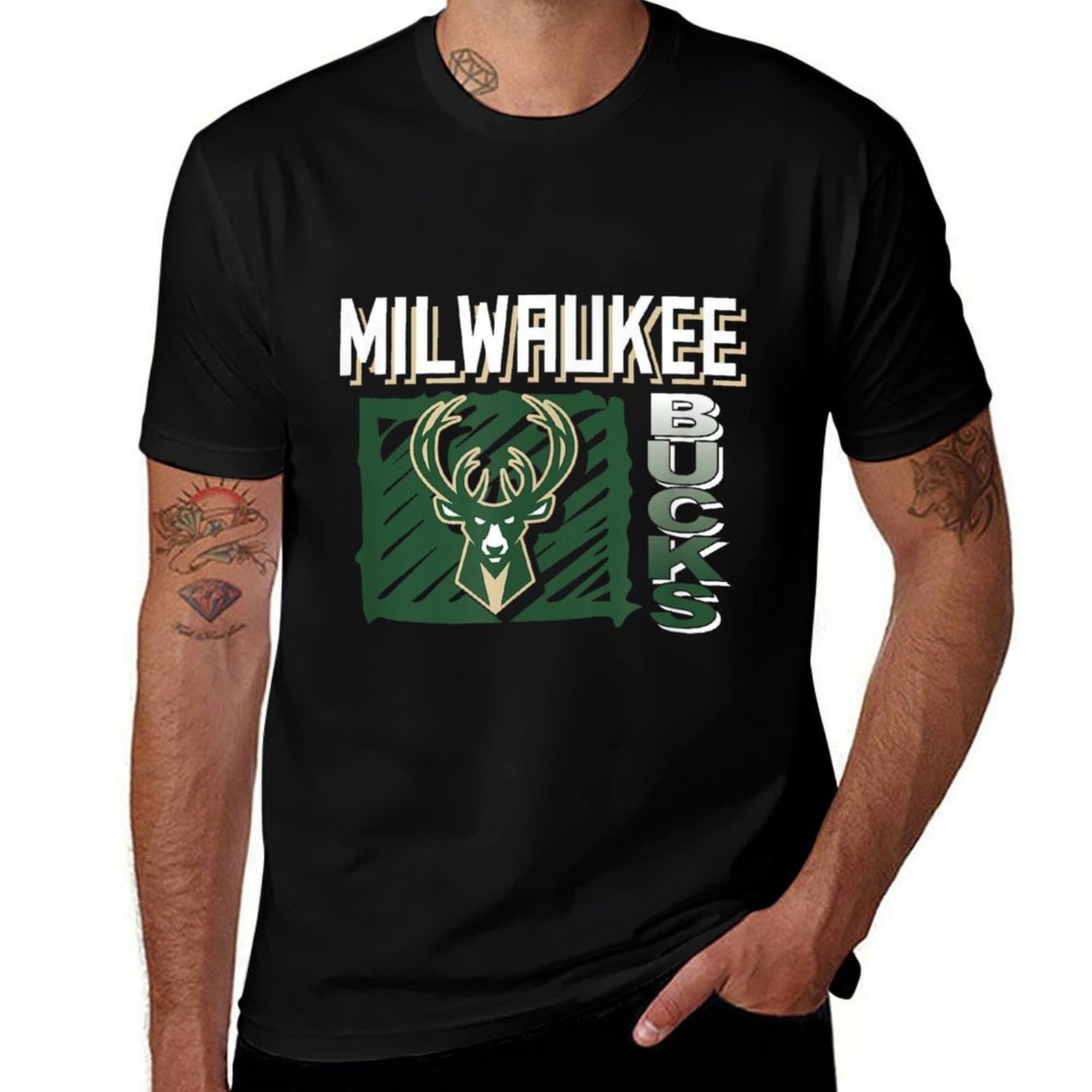 NBA - Milwaukee Bucks Scribble Square Black  Vintage-inspired T-Shirt
