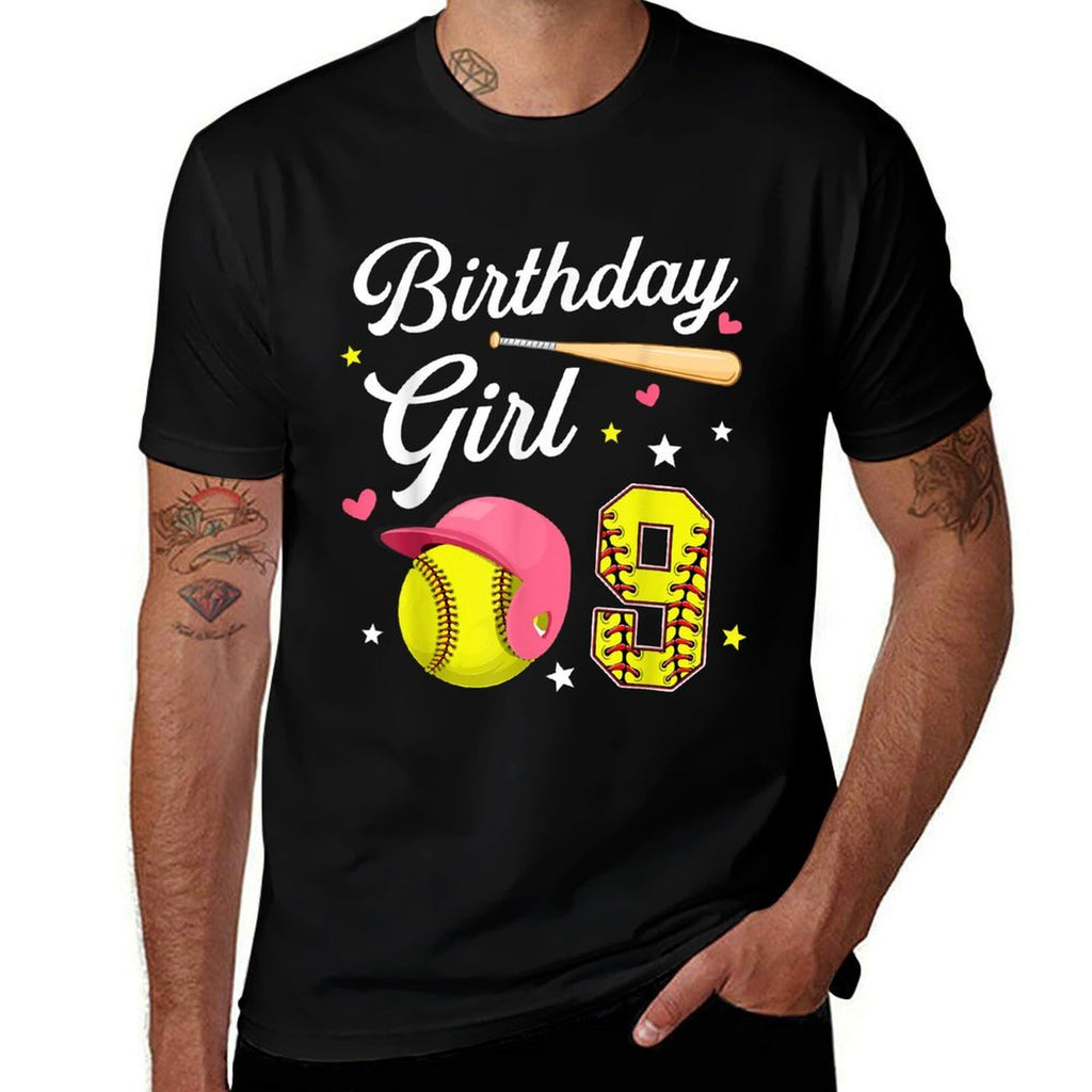 9th Birthday Girl Softball Ninth Bday 9 Yrs Nine Years Old  Heathered Texture T-Shirt