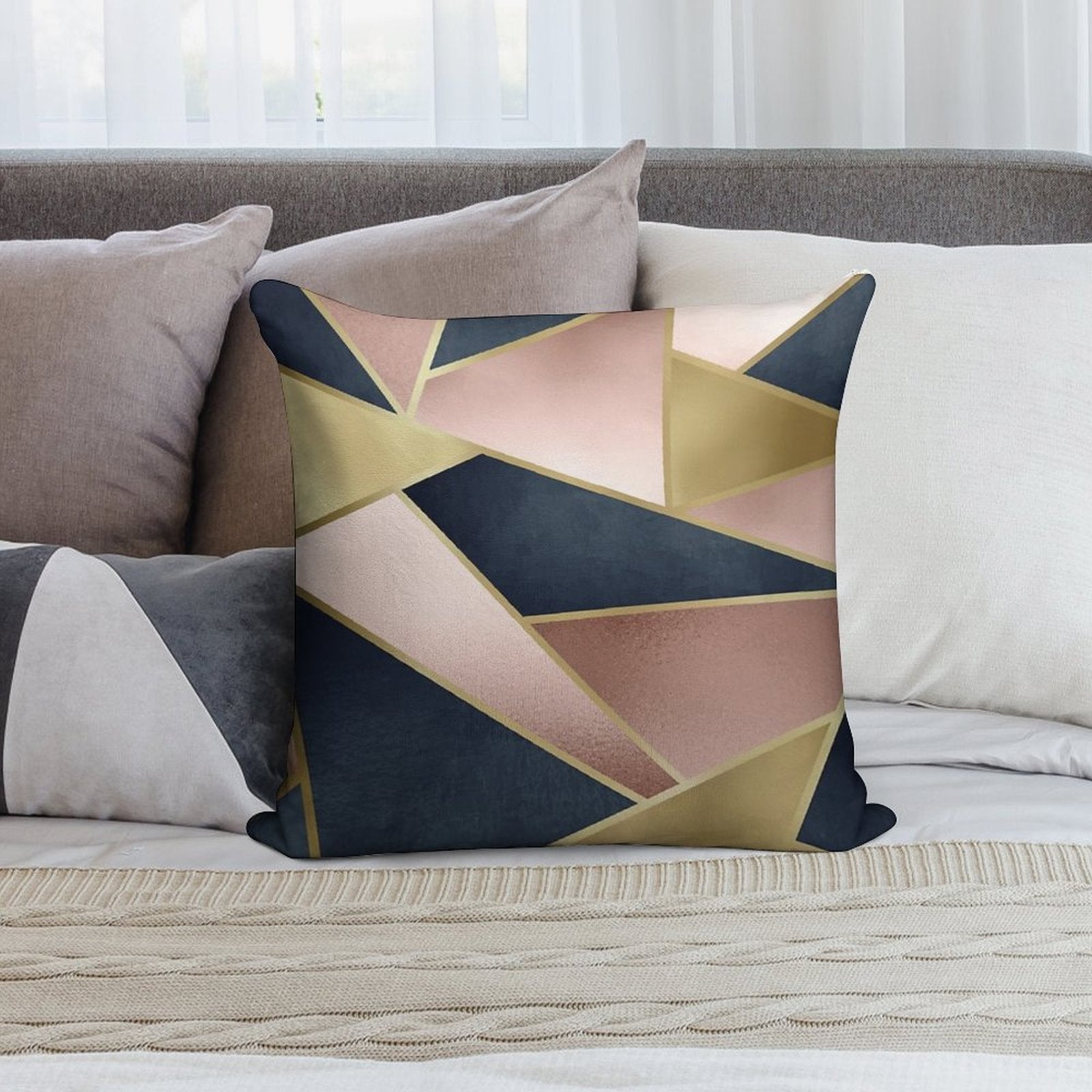 Geometric, Rose Gold, Pink, Gold And Navy Blue, Abstract, Pattern Soft Fade-Resistant Throw Pillow
