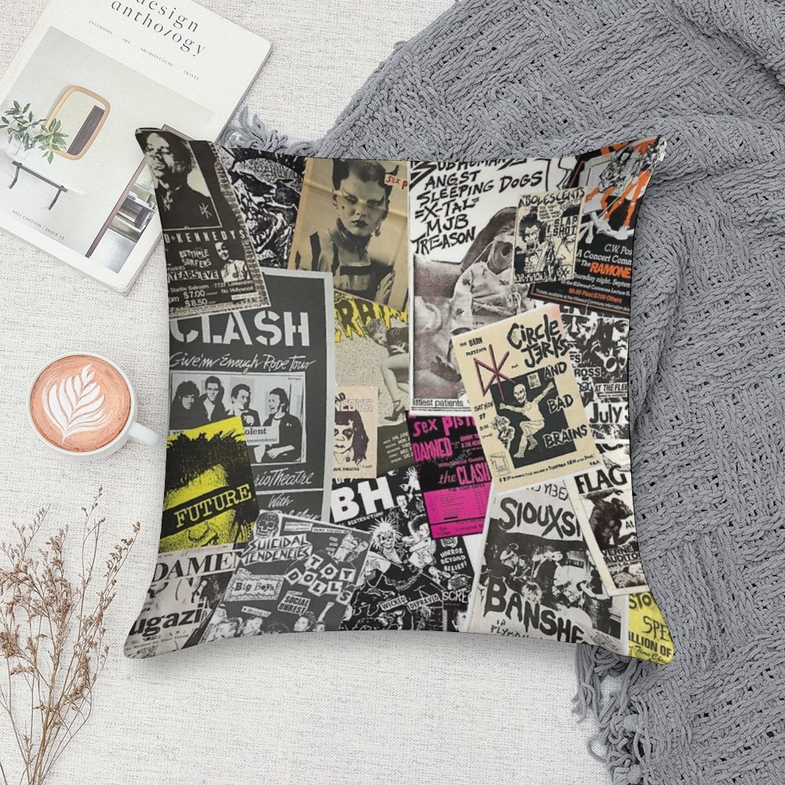 Punk Rock Music Flyers Collage Soft Anti-Pilling Throw Pillow