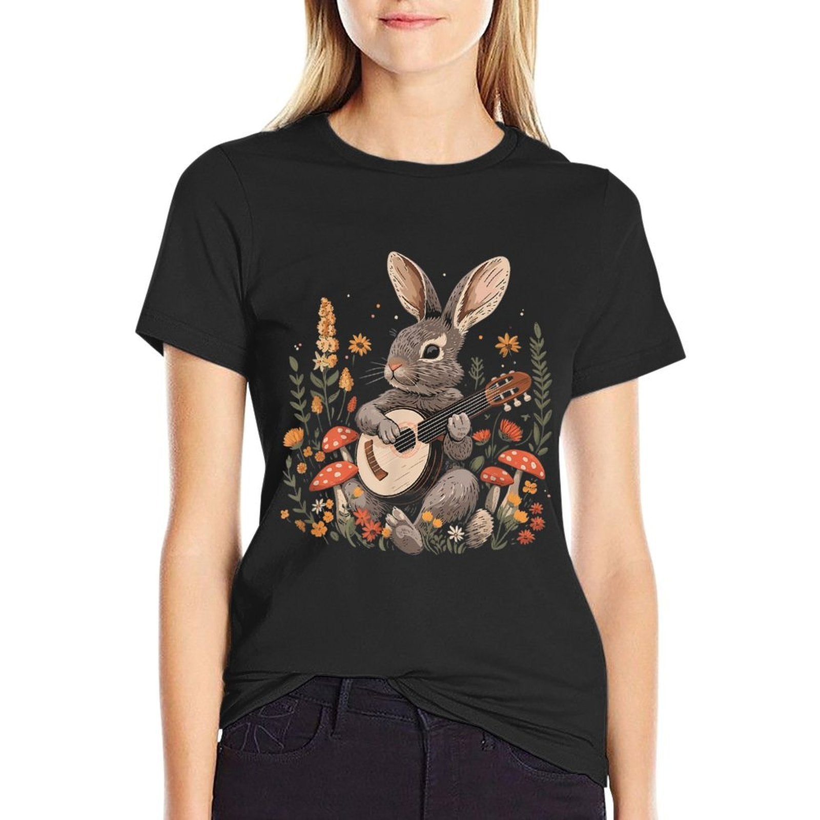 Cottagecore Aesthetic Cute Rabbit Playing Banjo  Fade-proof Color T-Shirt