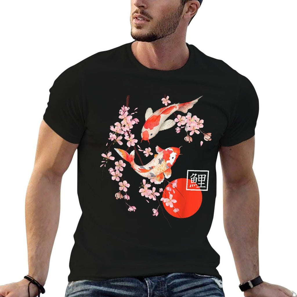 Cherry Blossom Koi Carp Fish Japanese Sakura Graphic Art  Cotton T-Shirt