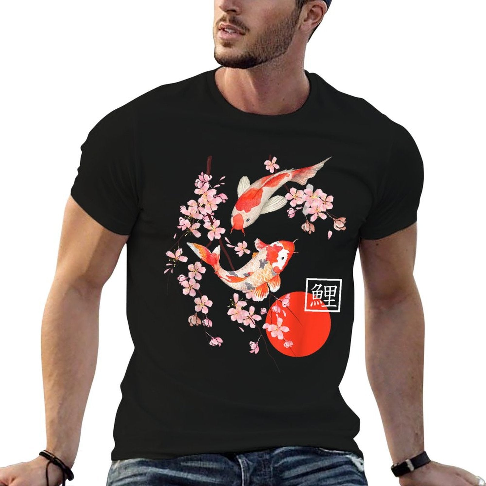 Cherry Blossom Koi Carp Fish Japanese Sakura Graphic Art  Cotton T-Shirt