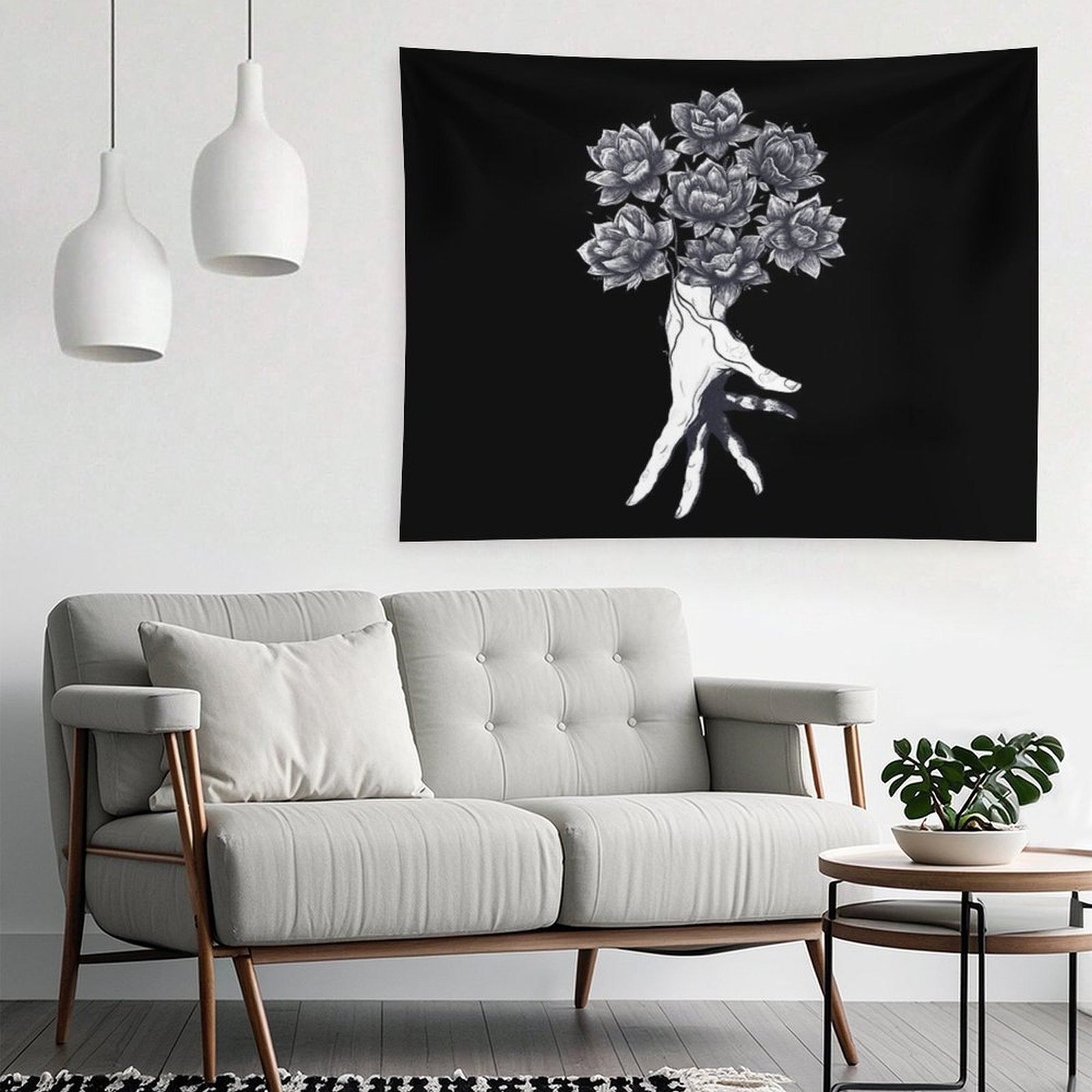 Hand with Lotuses on Black Tapestry