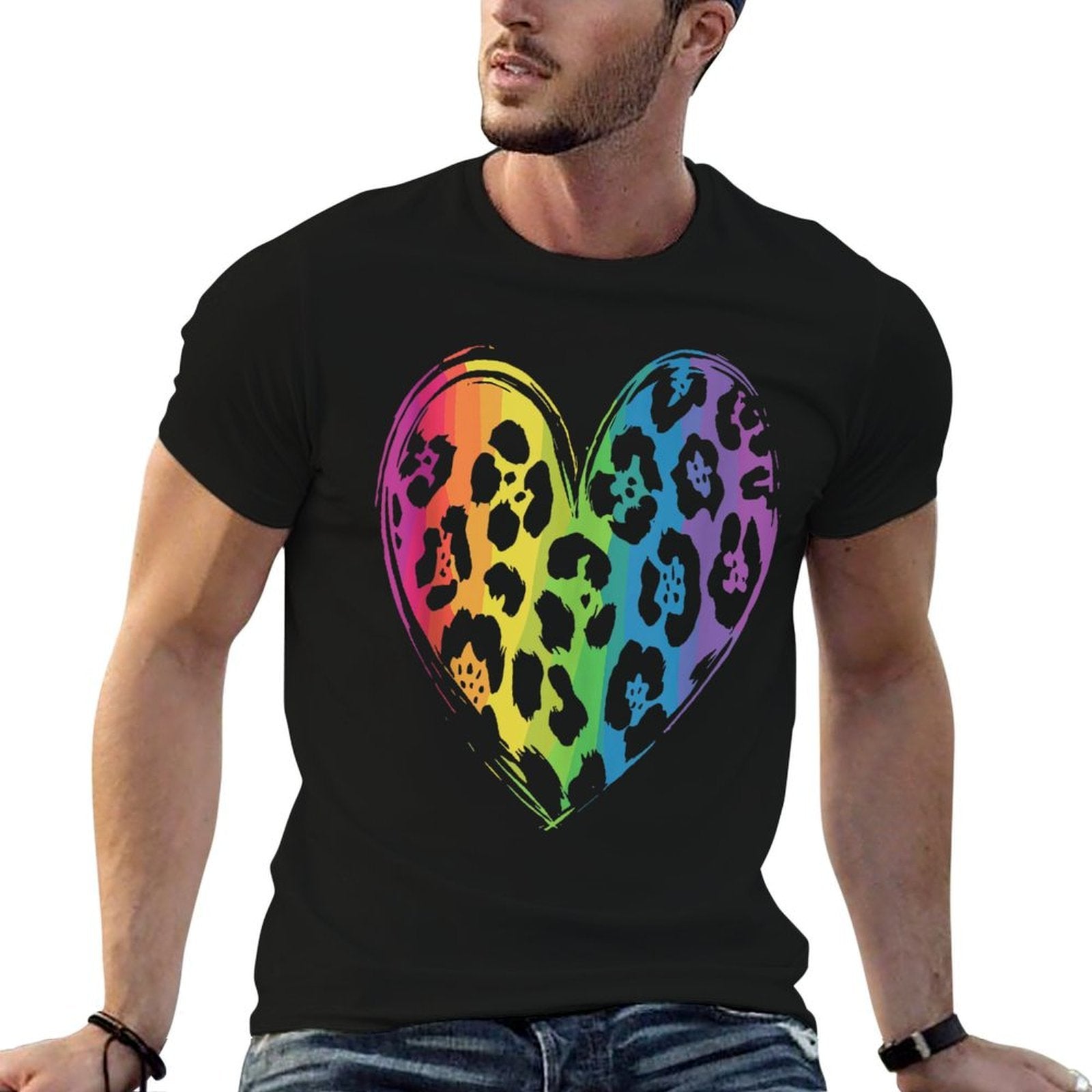 Cool Cheetah Leopard Print Heart Rainbow  Graphic-printed T-Shirt