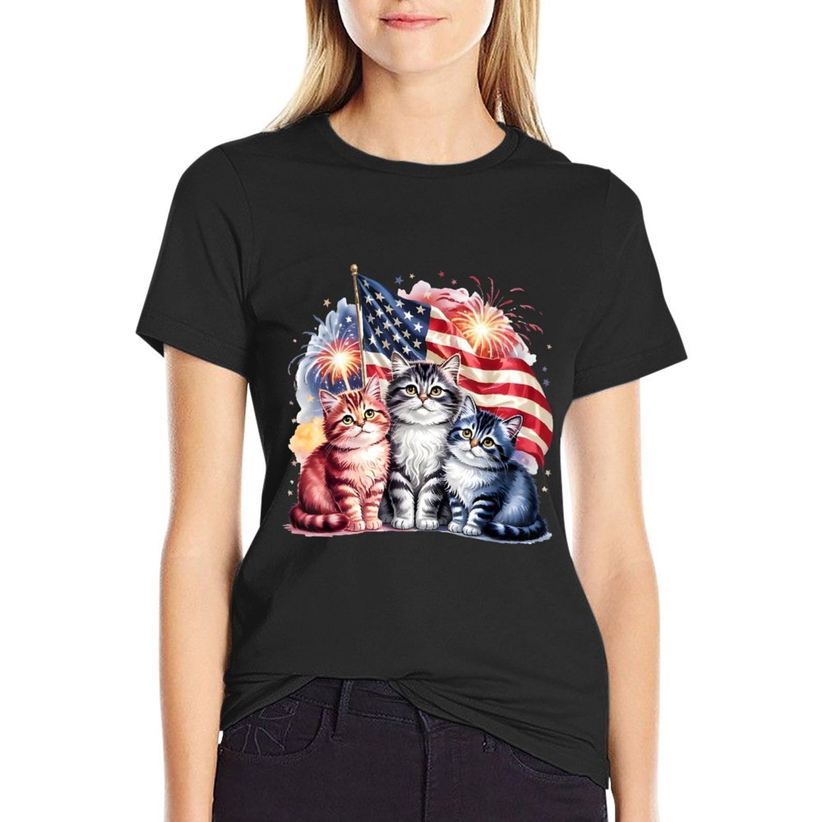 Cat Patriotic America Cats USA Fireworks 4th Of July  Summer-ready Fabric T-Shirt