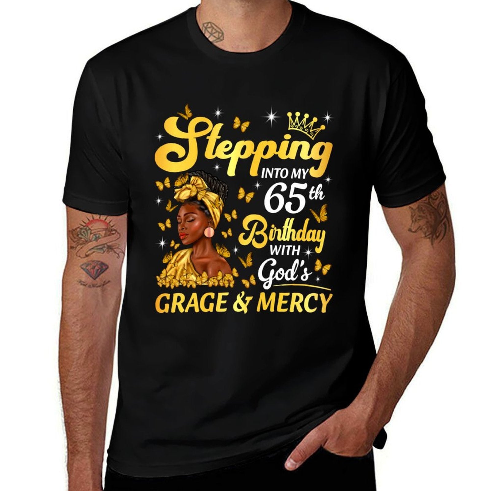 Stepping Into My 65th Birthday Afro Woman Religious Birthday  Wrinkle-resistant T-Shirt