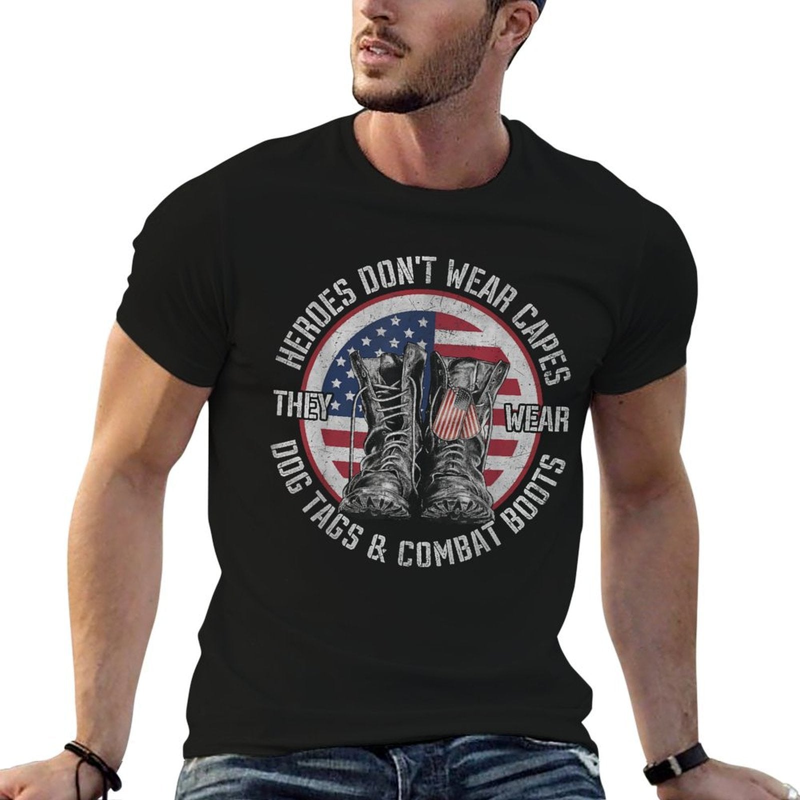 Heroes Dont Wear Capes They Wear Dog Tags  Combat Boots  Vintage-inspired T-Shirt