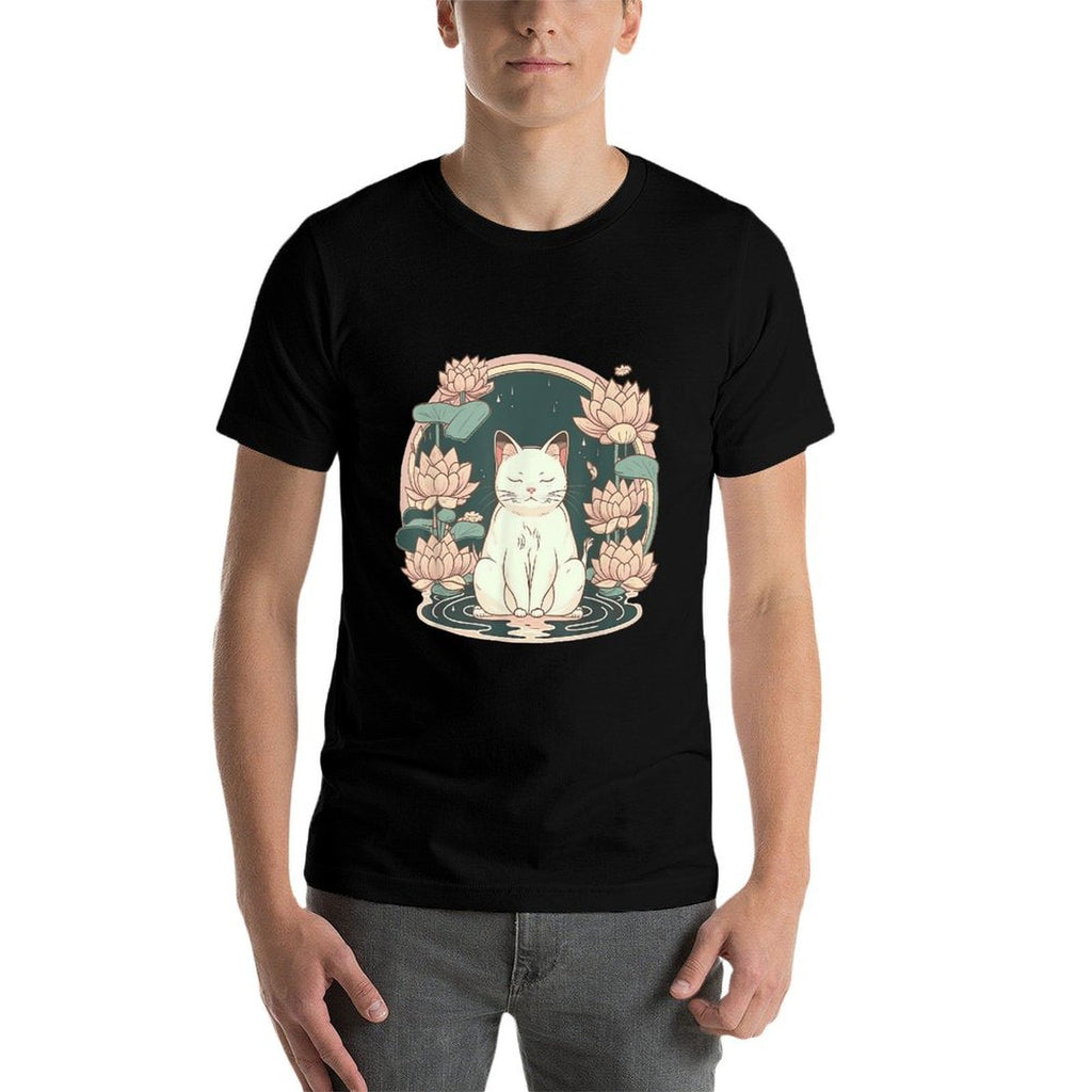 Yoga Meditation Spiritual Zen Lotus Cat on Lotus Flower  Cotton T-Shirt