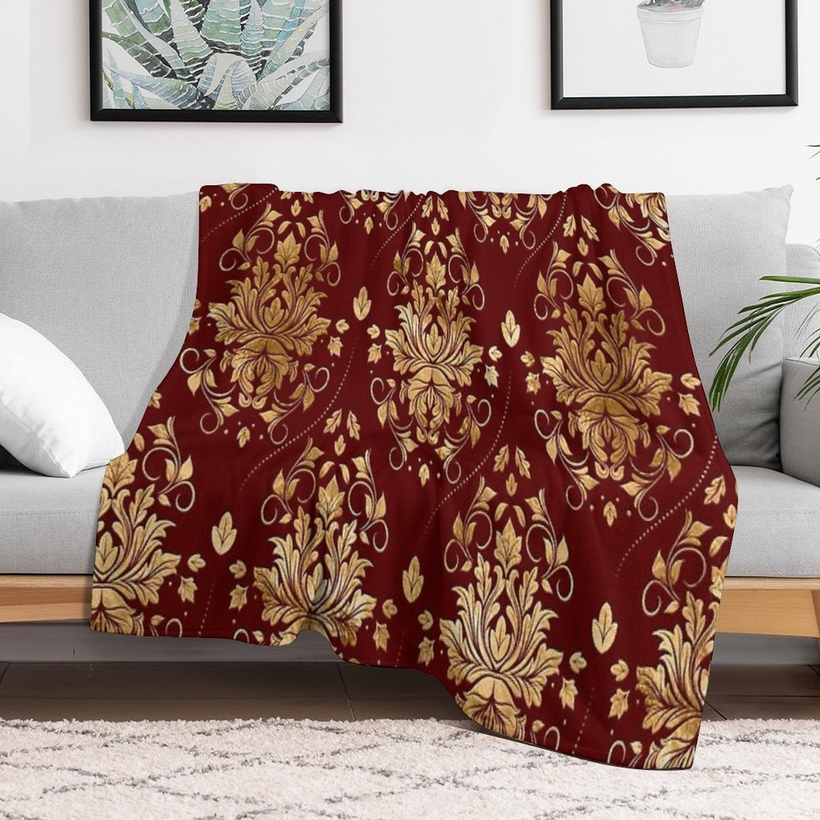Oriental Vintage Damask Pattern - Red And Gold Eco-conscious Throw Blanket