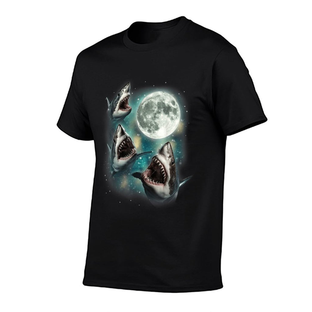 Three Shark Moon  3 Great Whites Howling Wolfs Moon Parody  Ribbed Collar T-Shirt