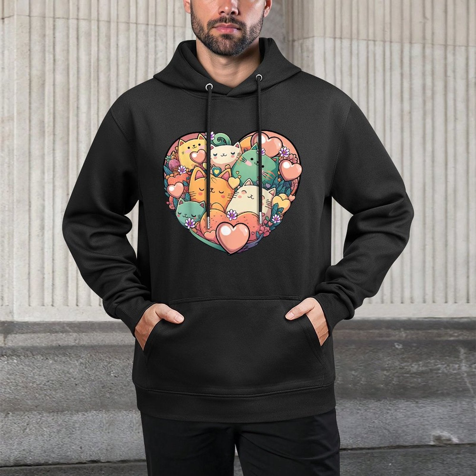 Kawaii Anime Cat Valentines Day Heart Shaped Graphic Girls Casual Wear Hoodie