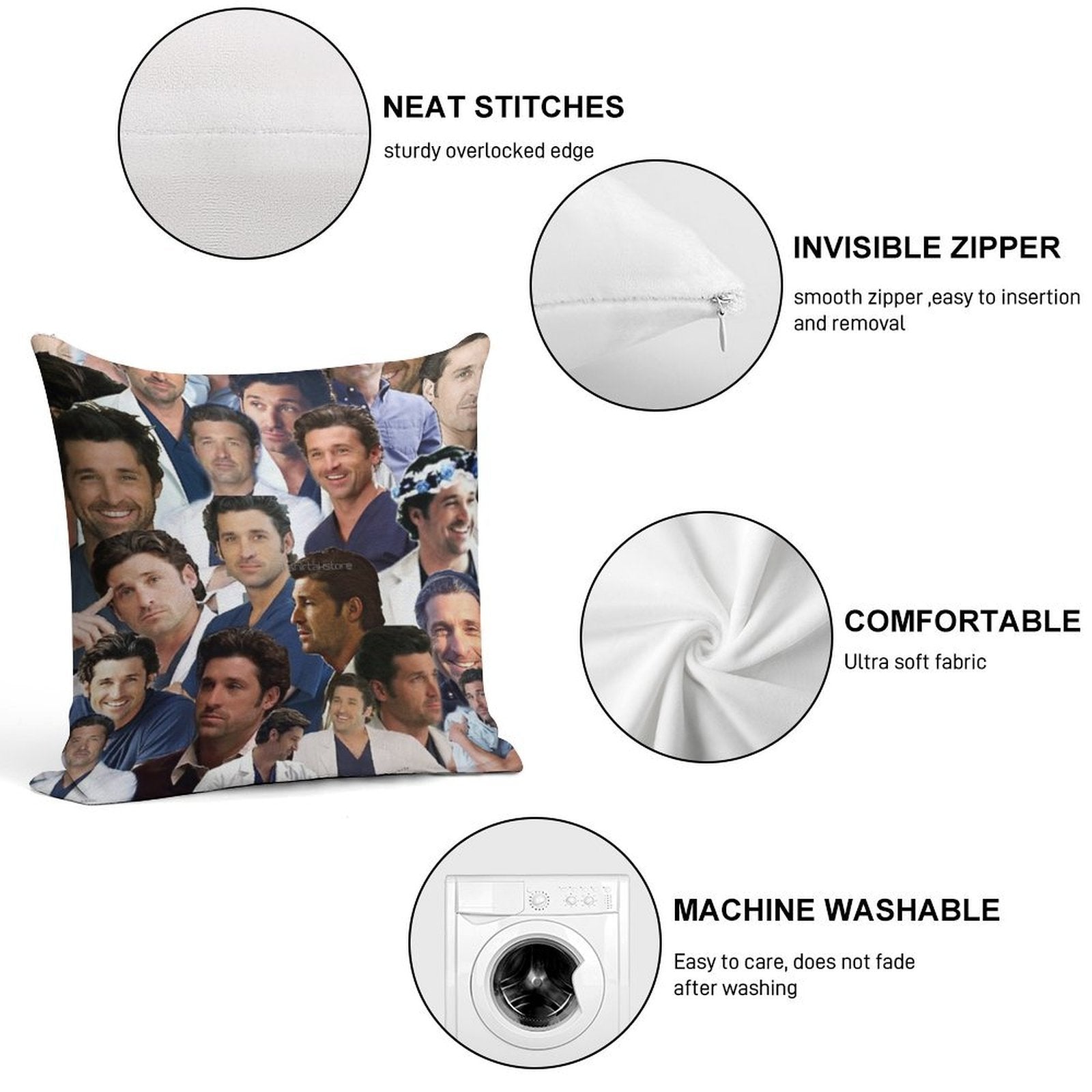 Patrick Dempsey Photo Collage Soft Hidden Zipper Throw Pillow