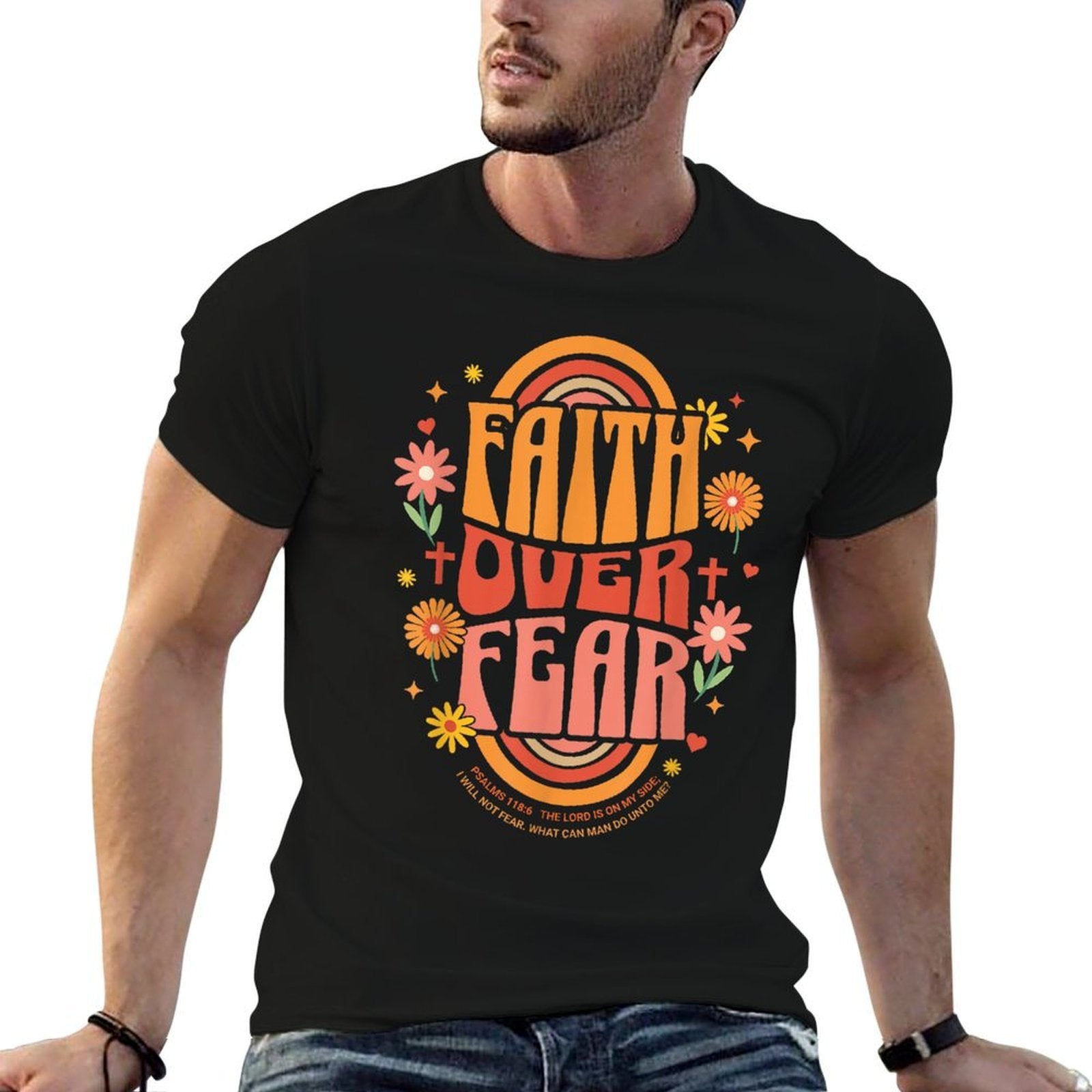 Faith Over Fear Christian Retro Floral 70s Womens Kids  Moisture-wicking T-Shirt