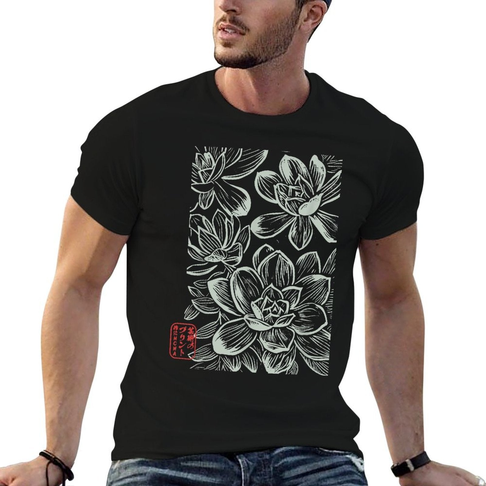 Japanese Boho Flowers – Sumi-e Style Floral Botanical Art  Rolled Sleeves T-Shirt
