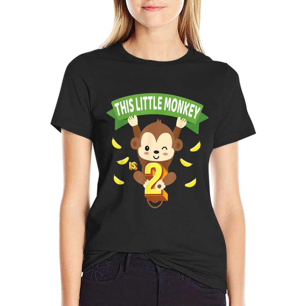 This Little Monkey Is 2 Years Old Kid 2nd Birthday Monkeys  Ribbed Collar T-Shirt