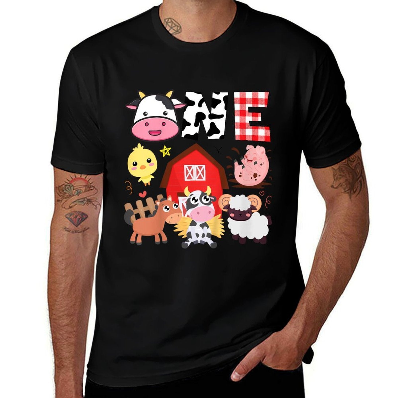 Kids 1st Birthday One Year Old Farm Theme Animals Birthday Party  Heathered Texture T-Shirt