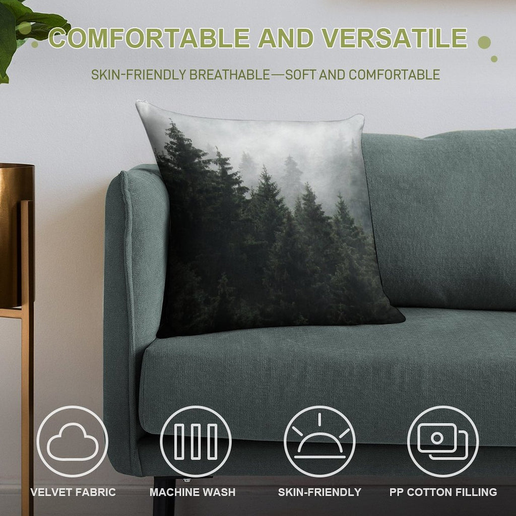 Waiting For  Misty Foggy Fairytale Forest With Cascadia Trees Covered In Magic Fog Soft Shrink-Resistant Throw Pillow