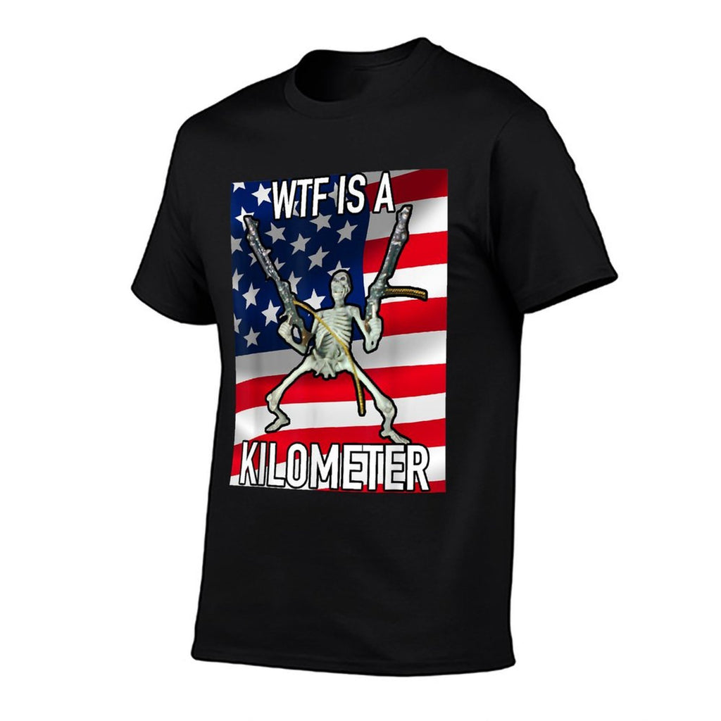 WTF Is A Kilometer July 4th Skeleton Funny Cringey USA Meme  Ribbed Collar T-Shirt